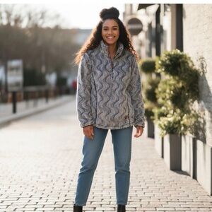 Simply Southern Women Gray Ripple Sherpa  1/4 Zip Long Sleeve Hidden Pockets Med